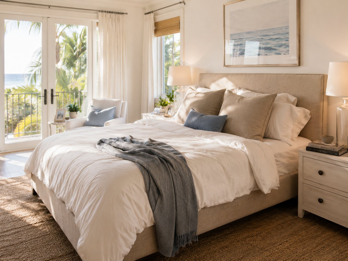 A freshly made bed in a bright bedroom