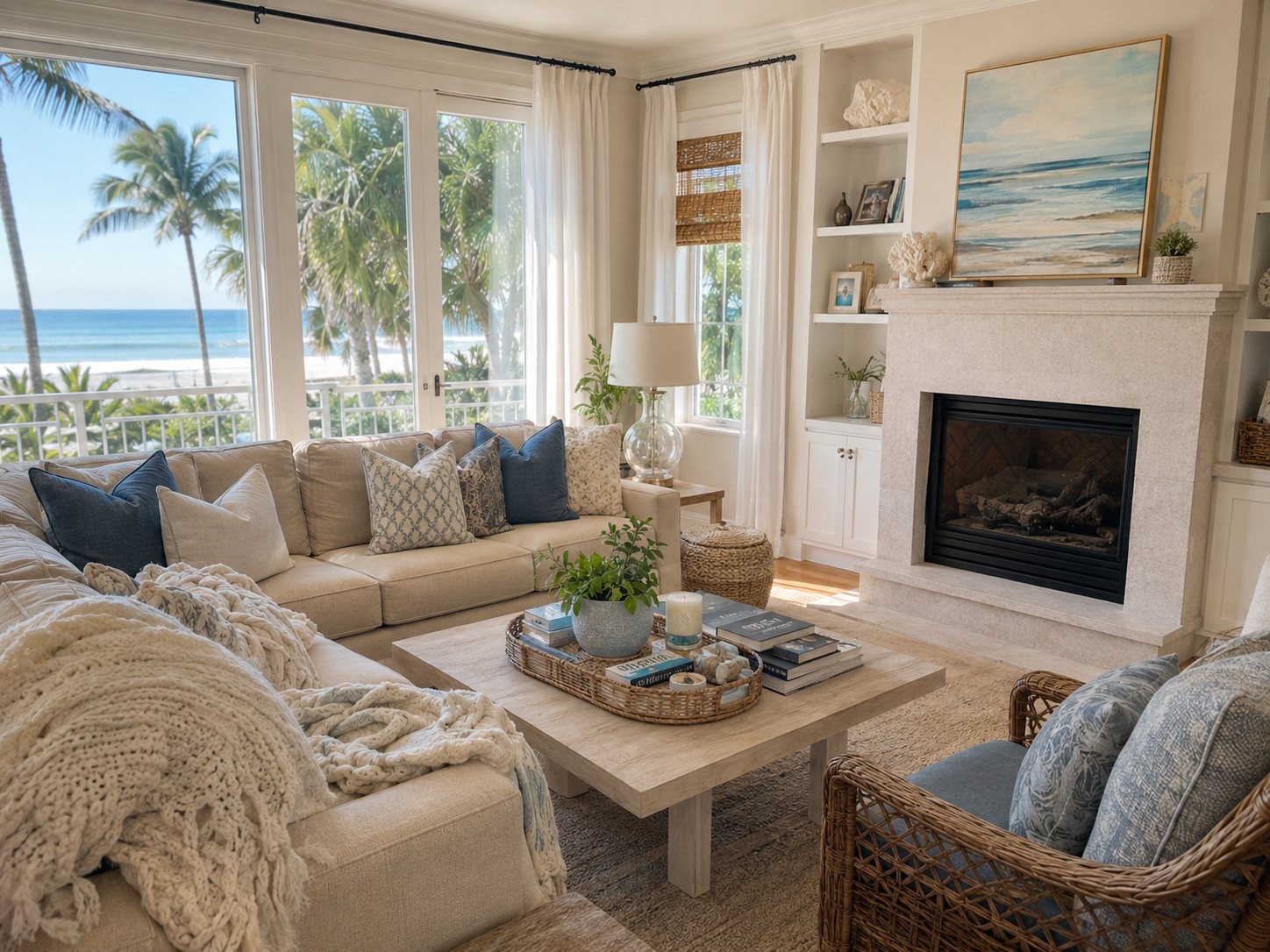 A calm, finished living room with an ocean view